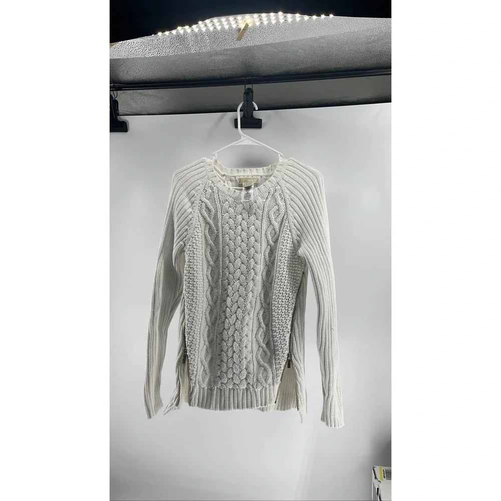 Michael Kors Women's White Cable Knit‎ Pullover Sweater Side Zip Gold M